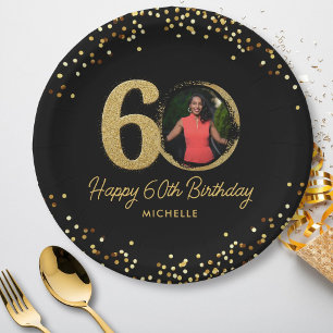 60e Verjaardag Foto Chic Zwart Goud Glitter Custom Papieren Bordje