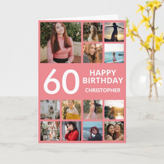 60e verjaardag Foto Collage 13 Foto's Roze en Wit Kaart (Gele Bloem)