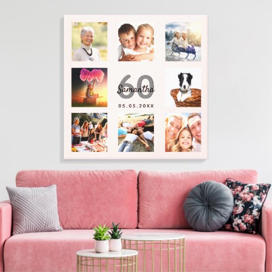 60e verjaardag foto collage roos gouden naam canvas afdruk (Insitu (Woonkamer))