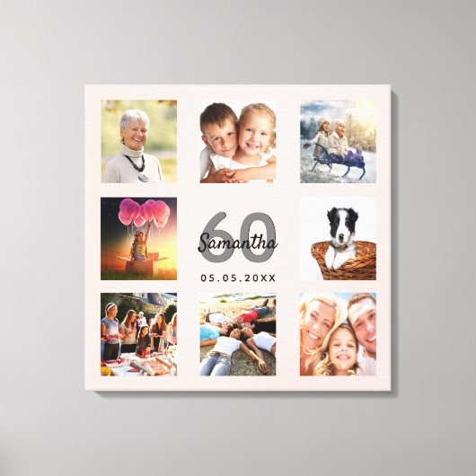 60e verjaardag foto collage roos gouden naam canvas afdruk (Voorkant)