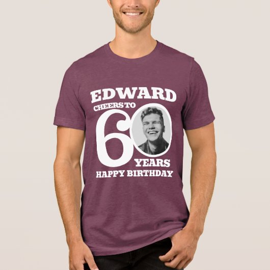 60e verjaardag foto en naam witte tekst Tri-Blend shirt (Voorkant)