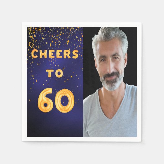 60e verjaardag foto gouden ballonnen blauw servet (Voorkant)