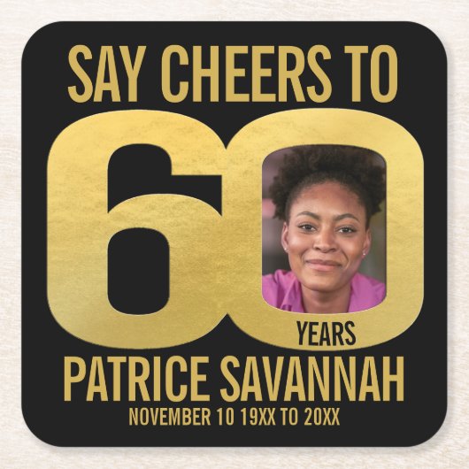 60e verjaardag foto juicht zwart en goud kartonnen onderzetters (Voorkant)
