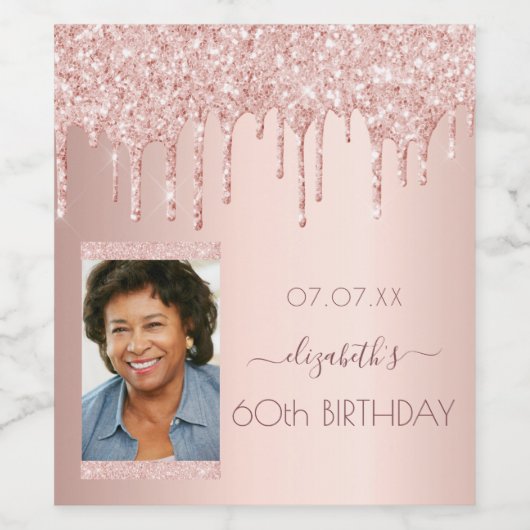 60e verjaardag foto roos goud glitter druppels wijn etiket (Enkel label)