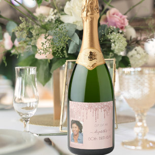 60e verjaardag foto roos goud glitter roze sparkling wijnetiket
