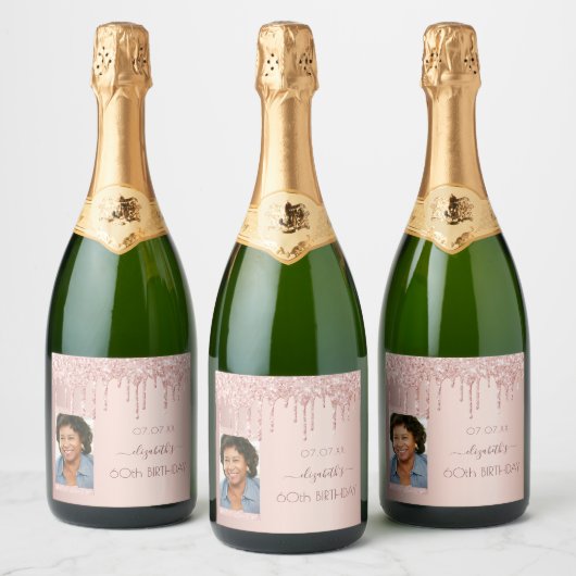 60e verjaardag foto roos goud glitter roze sparkling wijnetiket (Flessen)