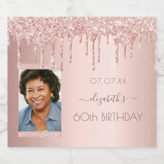 60e verjaardag foto roos goud glitter roze sparkling wijnetiket (Enkel label)