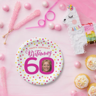 60e verjaardag foto roze golden yellow confetti papieren bordje