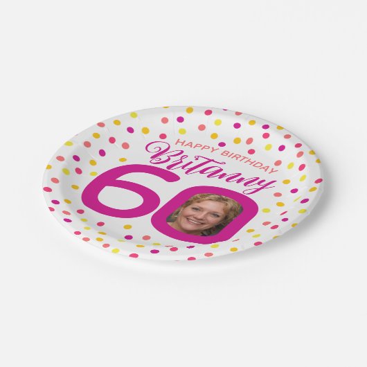 60e verjaardag foto roze golden yellow confetti papieren bordje (Gekanteld)