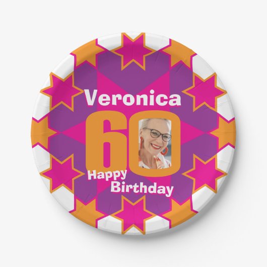 60e verjaardag foto roze ster paper bord (Voorkant)