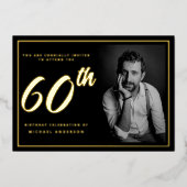 60e verjaardag foto zwart goud elegant folie uitnodiging (Voorkant)