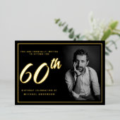 60e verjaardag foto zwart goud elegant folie uitnodiging (Staand Voorkant)