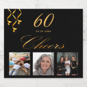 60e verjaardag foto zwart goud juichen sparkling wijnetiket (Enkel label)