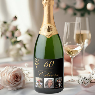 60e verjaardag foto zwart goud juichen sparkling wijnetiket