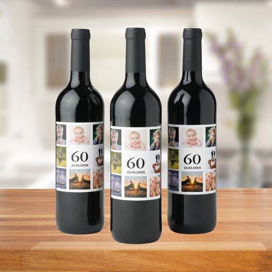 60e verjaardag fotocollage man wijn etiket
