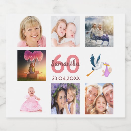 60e verjaardag fotocollage monogram sparkling wijnetiket (Enkel label)