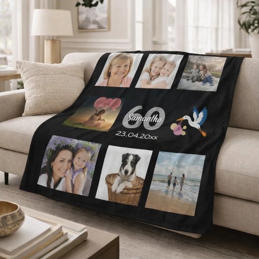 60e verjaardag fotocollage zwart fleece deken