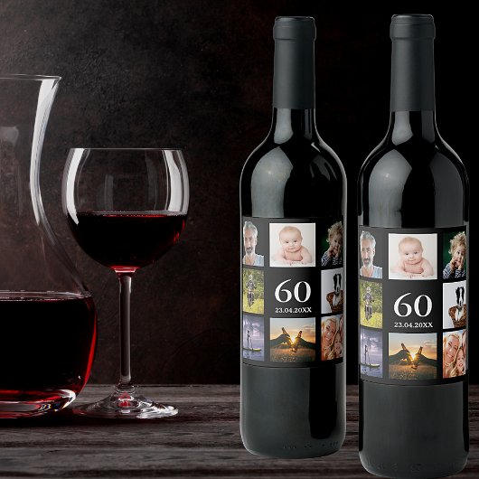 60e verjaardag fotocollage zwarte man wijn etiket