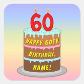 60e verjaardag: Fun Cake and Candles + Custom Name Vierkante Sticker (Voorkant)