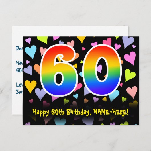60e verjaardag: Fun Hearts-patroon, Regenboog 60 Briefkaart (Voorkant / Achterkant)