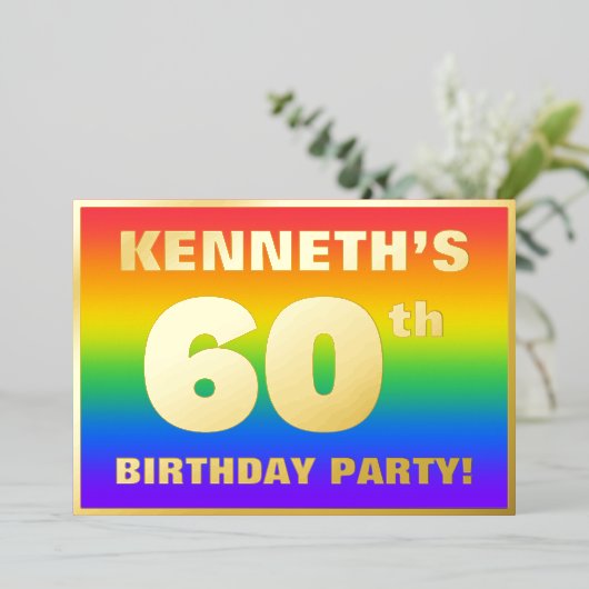 60e verjaardag: Fun, kleurrijk regenboogpatroon Folie Uitnodiging (Staand Voorkant)