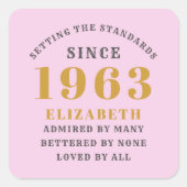 60e verjaardag Geboren in 1963 Voeg de naam Roze g Vierkante Sticker (Voorkant)
