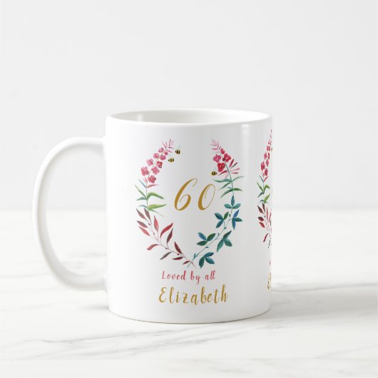 60e verjaardag Gepersonaliseerde Girly Floral Vrou Koffiemok (Links)