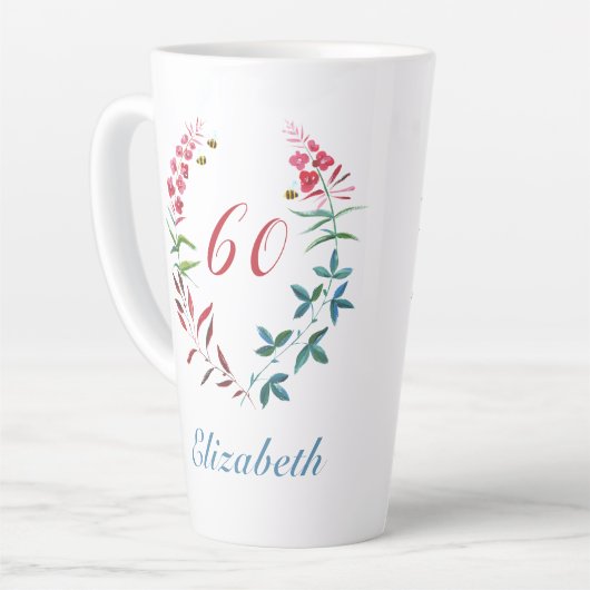 60e verjaardag gepersonaliseerde roze bloem vrouwe latte mok (Linkerhoek)