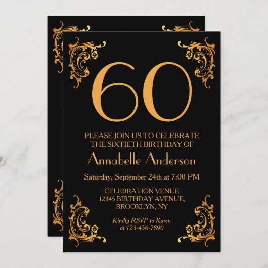 60e Verjaardag Glam Modern Goud Zwart Retro Kaart (Voorkant / Achterkant)