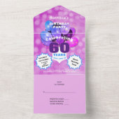 60e verjaardag glam Sparkle Glitz Paars Blue All In One Uitnodiging (Binnen)