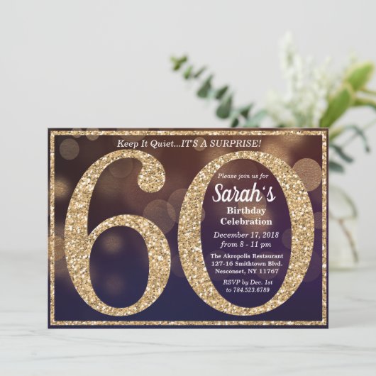 60e verjaardag glitter mijlpaal uitnodiging (Staand voorkant)