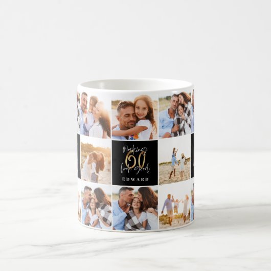 60e verjaardag goede gouden zwarte foto collage ch koffiemok (Center)