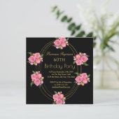 60e verjaardag Gold Black Pink Flowers Kaart (Staand voorkant)