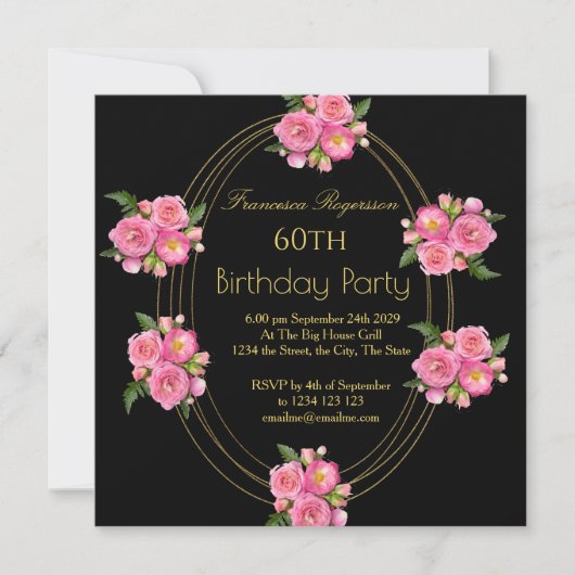 60e verjaardag Gold Black Pink Flowers Kaart (Voorkant)