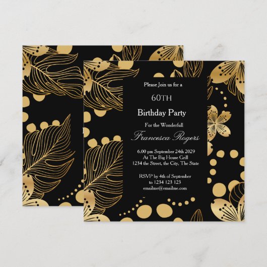 60e verjaardag Gold Black Square Invitation Kaart (Voorkant / Achterkant)