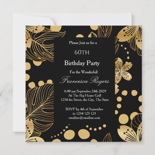 60e verjaardag Gold Black Square Invitation Kaart (Voorkant)