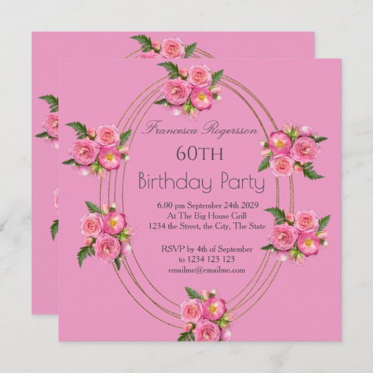 60e verjaardag Gold Pink Flowers Uitnodiging (Voorkant / Achterkant)