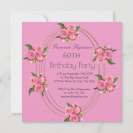 60e verjaardag Gold Pink Flowers Uitnodiging