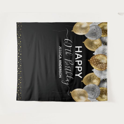 60e verjaardag Gold Silver Black Balloons Tapestry Wandkleed (Voorkant (horizontaal))