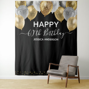 60e verjaardag Gold Silver Black Balloons Tapestry Wandkleed