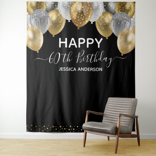 60e verjaardag Gold Silver Black Balloons Tapestry Wandkleed (In situ)