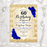 60e verjaardag - Gold Stripes Royal Blue Rozen Kaart<br><div class="desc">Uitnodiging 60e verjaardag. Elegant design in goud en koninklijk blauw. Met faux glitter Gold stripes,  sapphire rozen,  stijlvol script font en confetti. Ideaal voor een glam verjaardagsfeestje.</div>