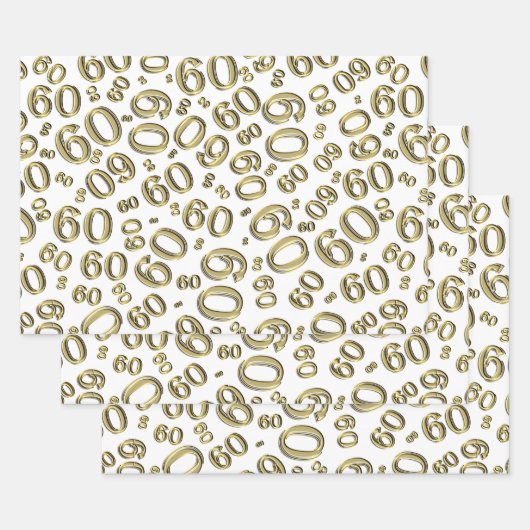 60e verjaardag Gold/White Random Number Pattern 60 Inpakpapier Vel (Set)