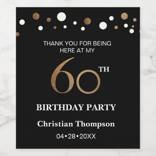60e verjaardag, goud en zwart thema, dank u wijn etiket (Enkel label)