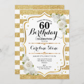 60e verjaardag - Goud Witte Strepen Rozen Kaart (Voorkant / Achterkant)