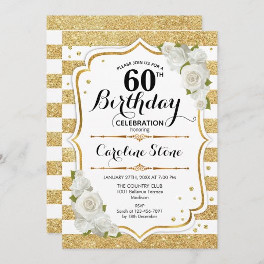 60e verjaardag - Goud Witte Strepen Rozen Kaart (Voorkant / Achterkant)