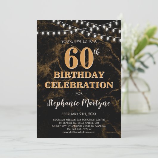 60e Verjaardag Goud Zwart Marmeren String Lichten Kaart (Staand voorkant)