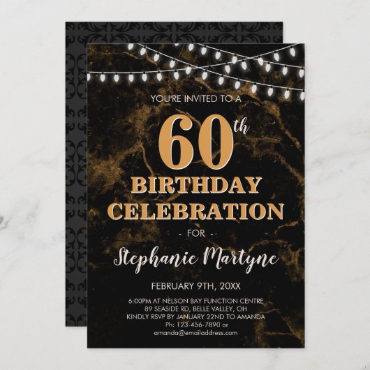 60e Verjaardag Goud Zwart Marmeren String Lichten Kaart (Voorkant / Achterkant)