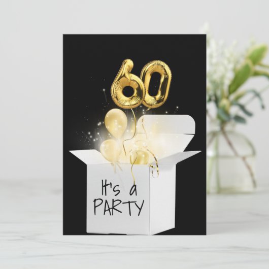 60e verjaardag goudballonnen in witte doos kaart (Staand voorkant)