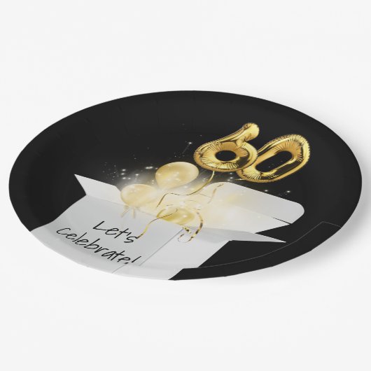 60e verjaardag goudballonnen in witte doos papieren bordje (Gekanteld)